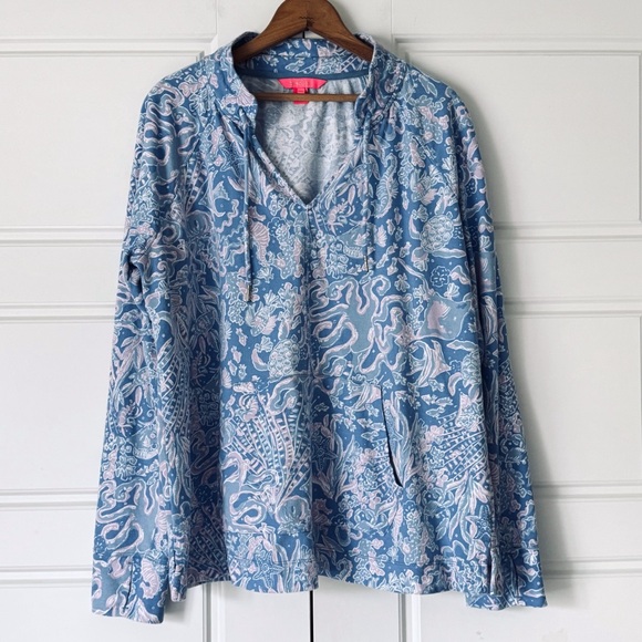 Lilly Pulitzer Cassi Popover Top Women XXL Boca Blue Sea What I Sea Beach Preppy - Picture 1 of 11